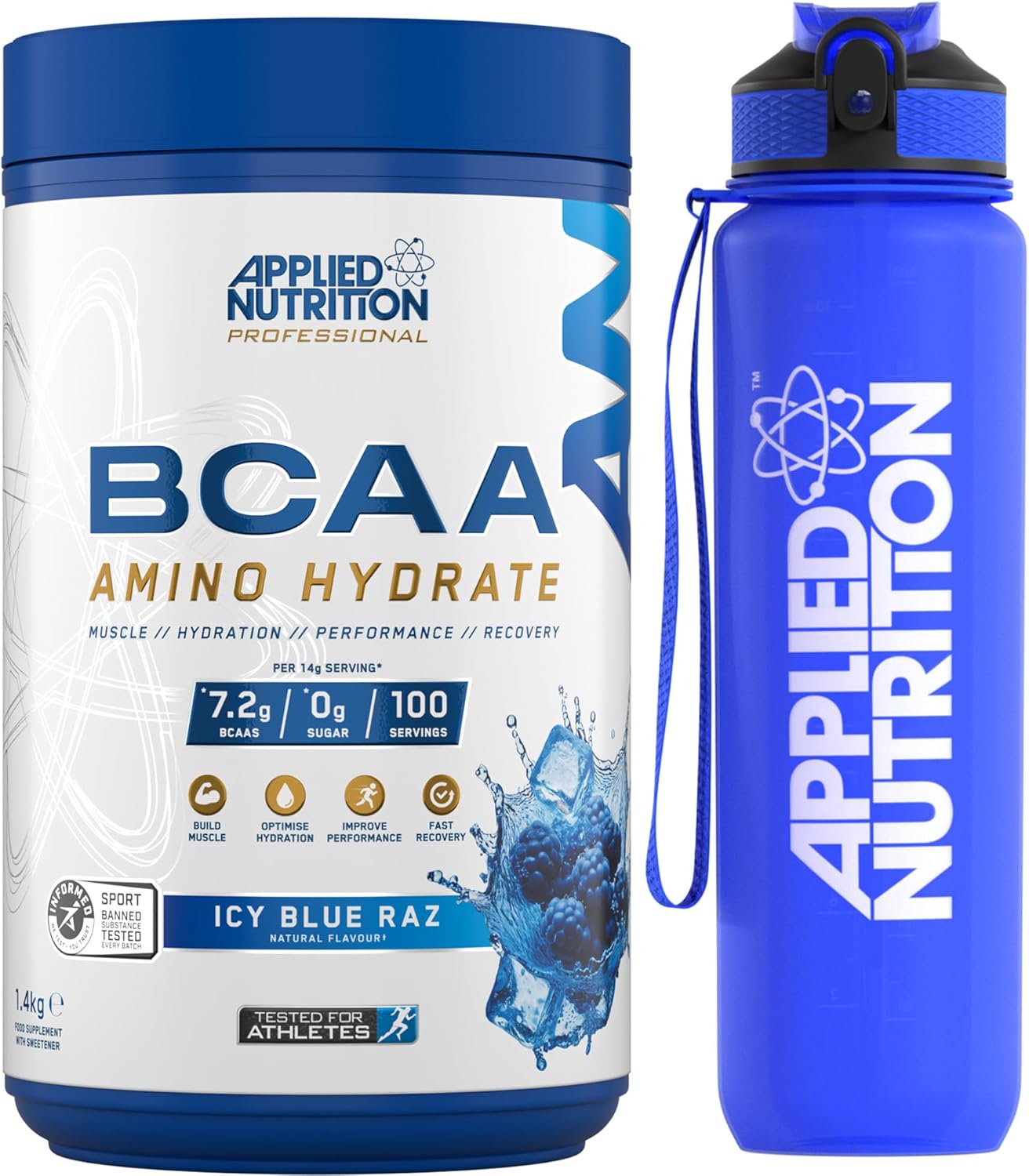 Applied Nutrition Bundle BCAA Amino Hydrate Powder 1.4kg + Lifestyle Water Bottle 1000ml | Branched Chain Amino Acids Supplement, Electrolytes, B Vits, Intra Workout & Recovery Drink (ICY Blue Raz)