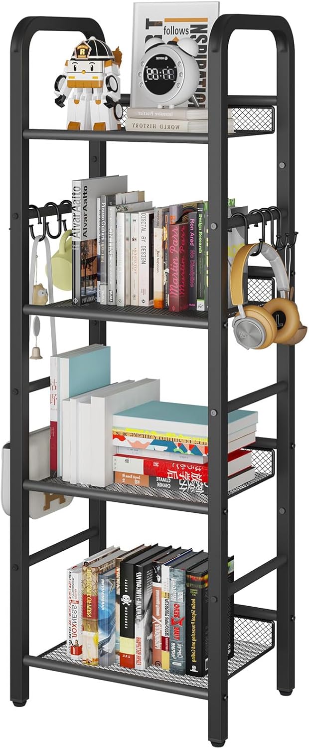 YMYNY Bookshelf, Bookcase, 4-Tier Storage Shelf, Metal Shelving Unit, 8Pcs S Hooks, Modern Style, 36 x 27 x 116 cm, Corner Shelf, Display Units for Living Room, Bedroom, Office, Black HBC054B