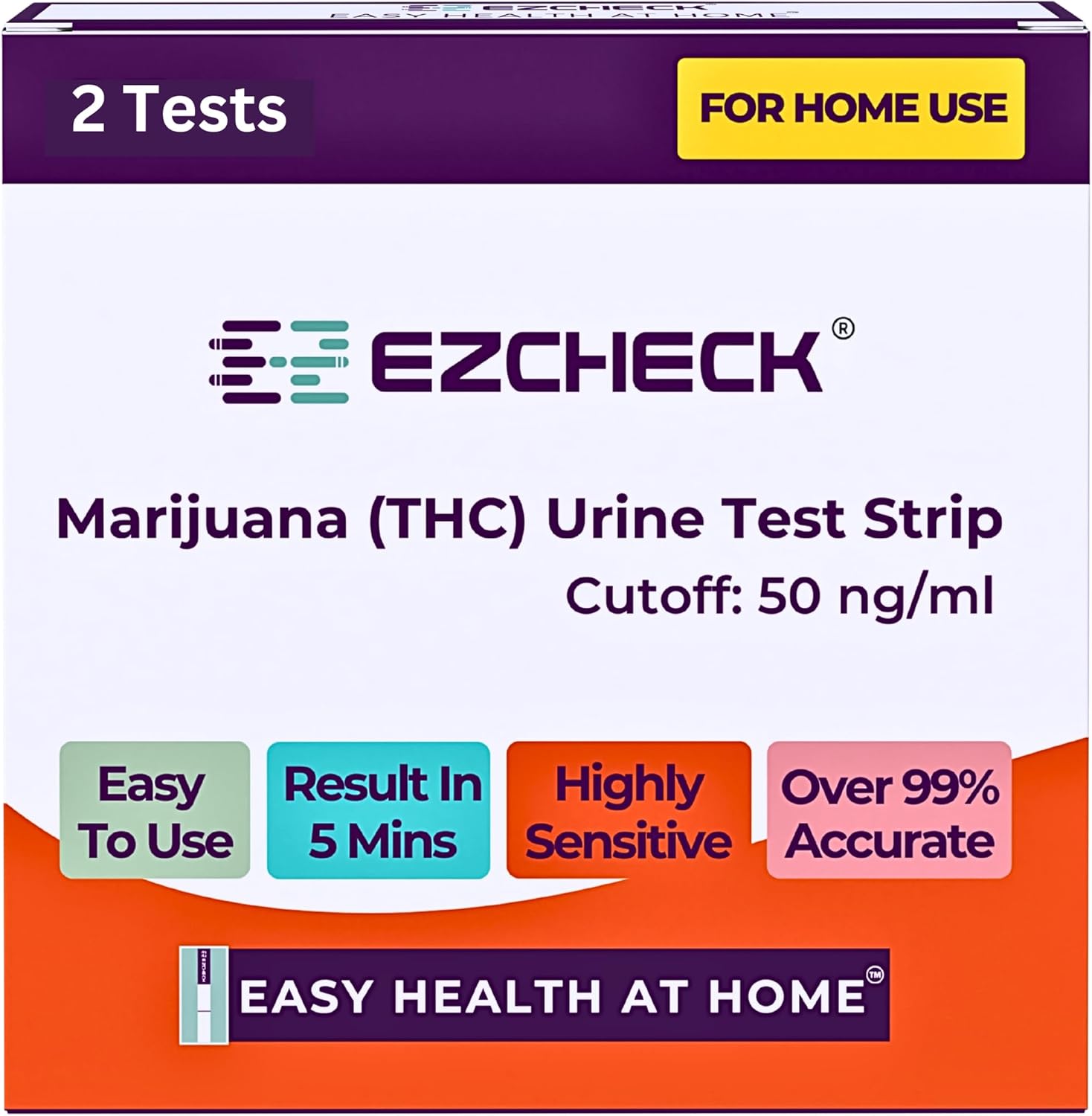 [2 Tests] EZCHECK® Highly Sensitive at Home Marijuana Drug Test Strip, THC Urine Drug Test, Easy Home Drug Test, 50 ng/ml - Fast Result in 5 mins