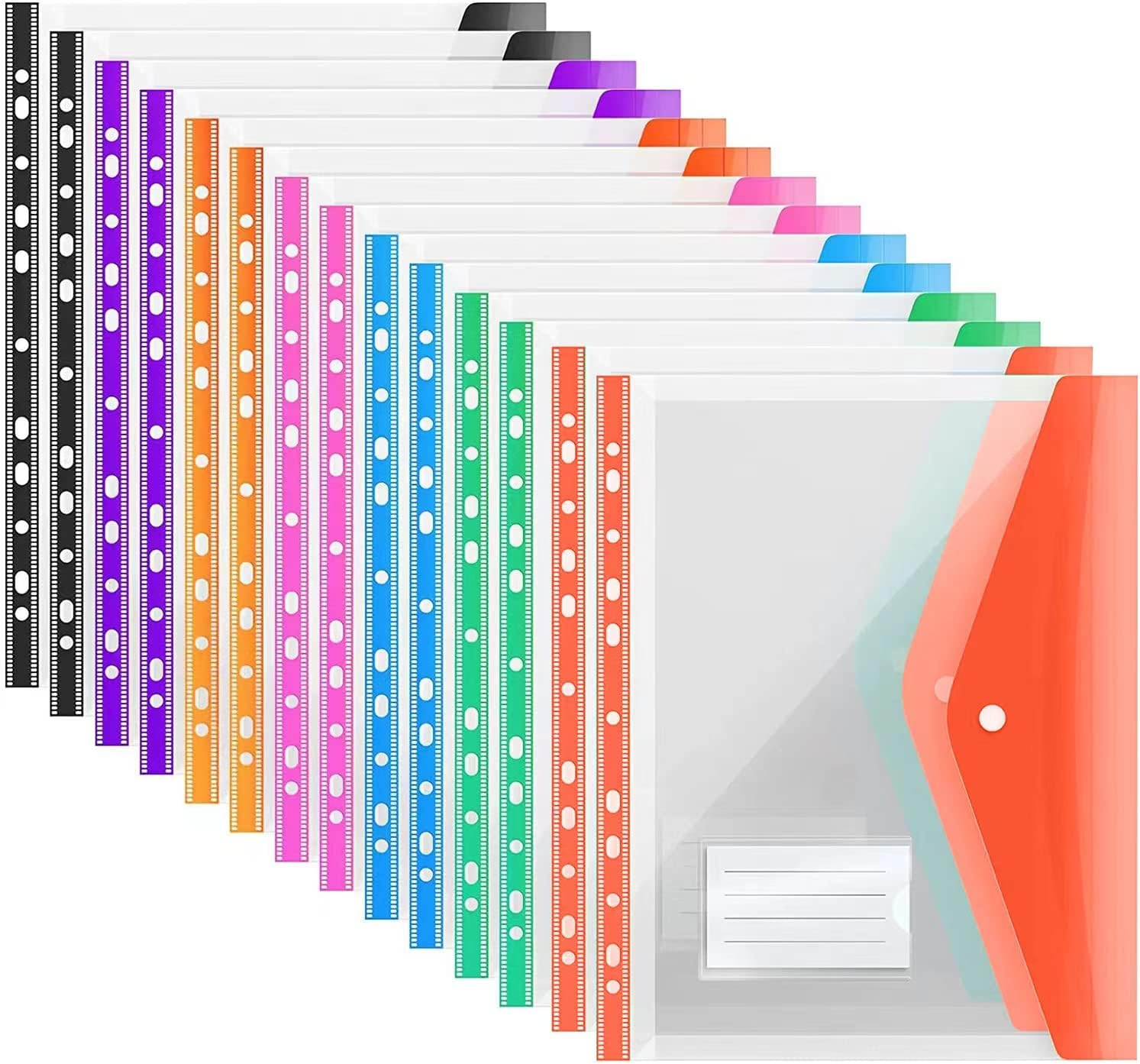 Ansook 14 Pack Expandable Punched Pockets A4 Plastic File Jackets, Colourful File Pockets, A4 Folders Transparent Pocket with Snap Fastener and Label Pocket for Home, Office and School, 7 Colors