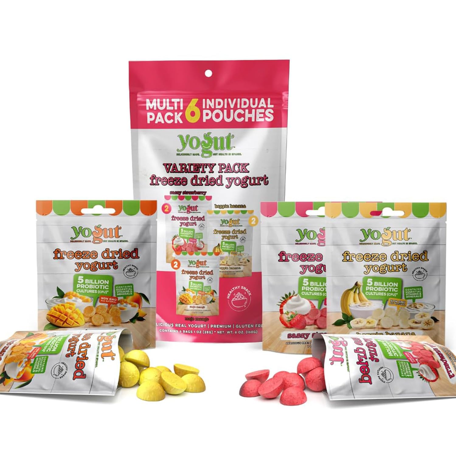YoGut Freeze Dried Yogurt Snack, Variety Pack, 6 Pack, Healthy Snacks for Kids, Toddlers & Adults, Gluten Free, Non GMO, With 5 Billion Live Probiotics, Vitamins & Minerals, Individual Snack Packs