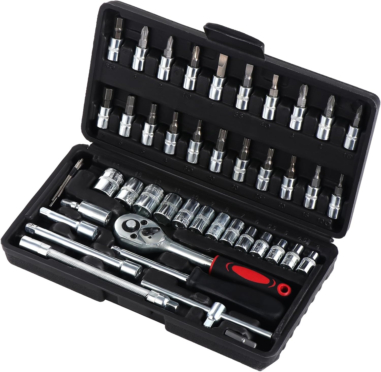 46PCS Ratchet Socket Set 1/4" Drive Socket Wrench Set with Bit Extension Bar Metric Ratchet Wrench Tool for DIY Car Repair