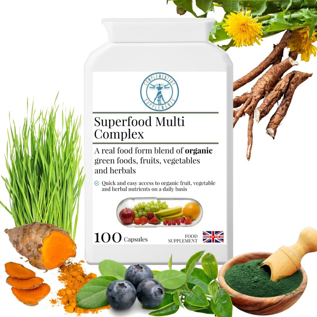 Complementary Supplements - Organic Superfood Multi Complex - Wholefood Nutrition – Chlorella, Spirulina, Turmeric, Kelp, Organic Herbs, Vegetables, Fruits + Digestive Enzymes - 100 Capsules