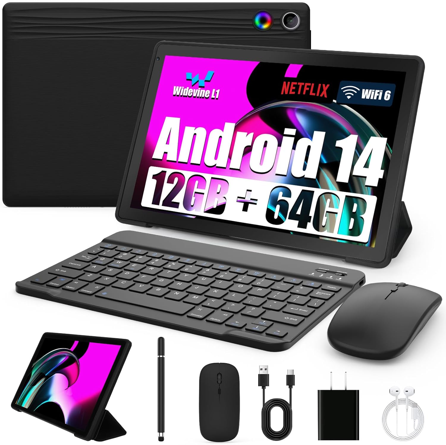 Hakaug 10.1 Inch Tablet Android 14 Tablet, Octa-Core, 12GB+64GB Storage (Expandable to 1TB), 5000mAh, 5MP+8MP Dual Camera, Face ID, BT 5.0 & WiFi 6, 8-in-1 Bundle with Keyboard, Case, Mouse, Stylus