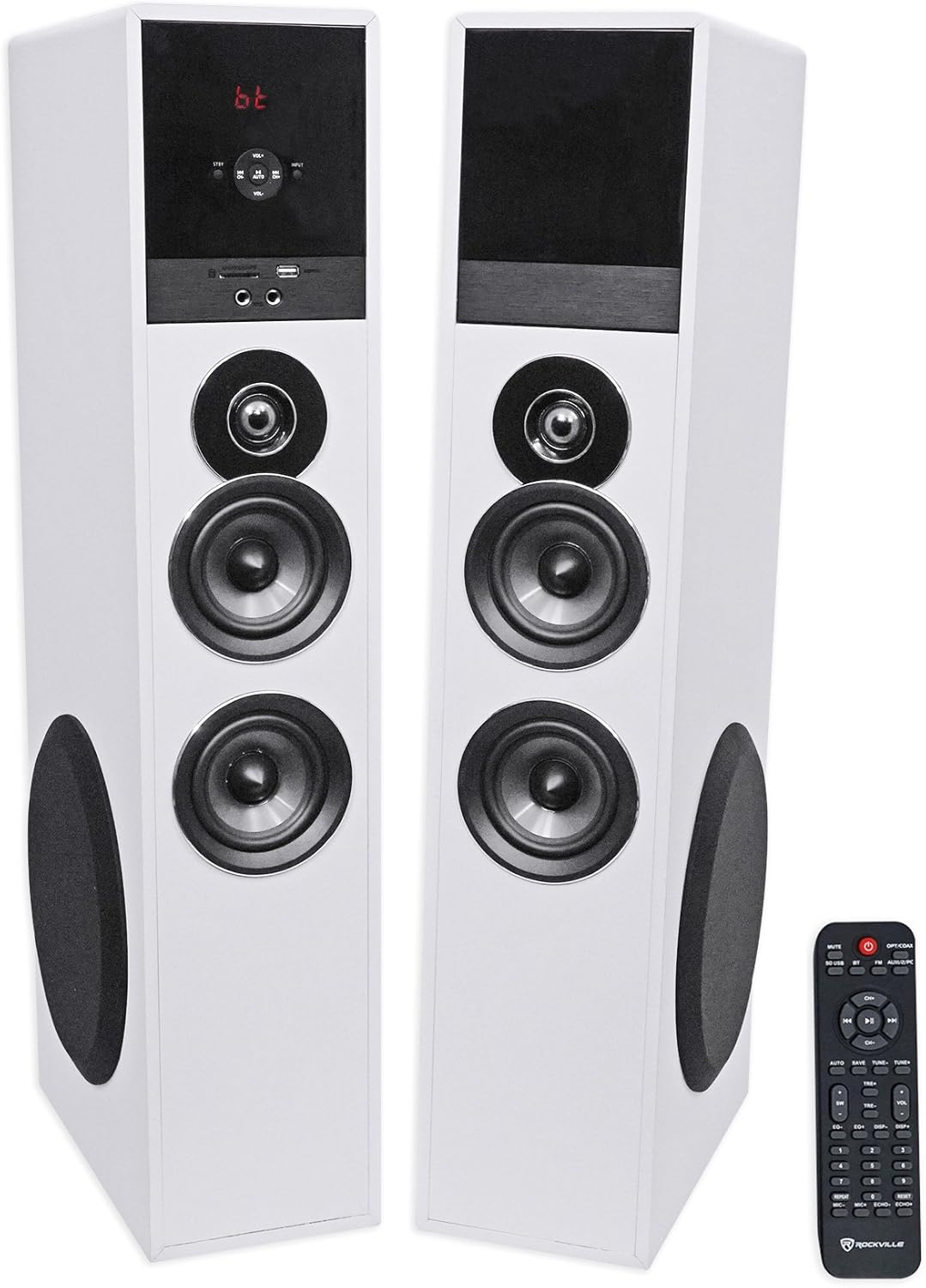 Rockville TM80W Powered Home Theater Tower Speaker System, White, 800W, 8" Subwoofers, Bluetooth, USB/SD Playback, FM Radio, Remote Control, Karaoke Ready, Perfect for Home Entertainment