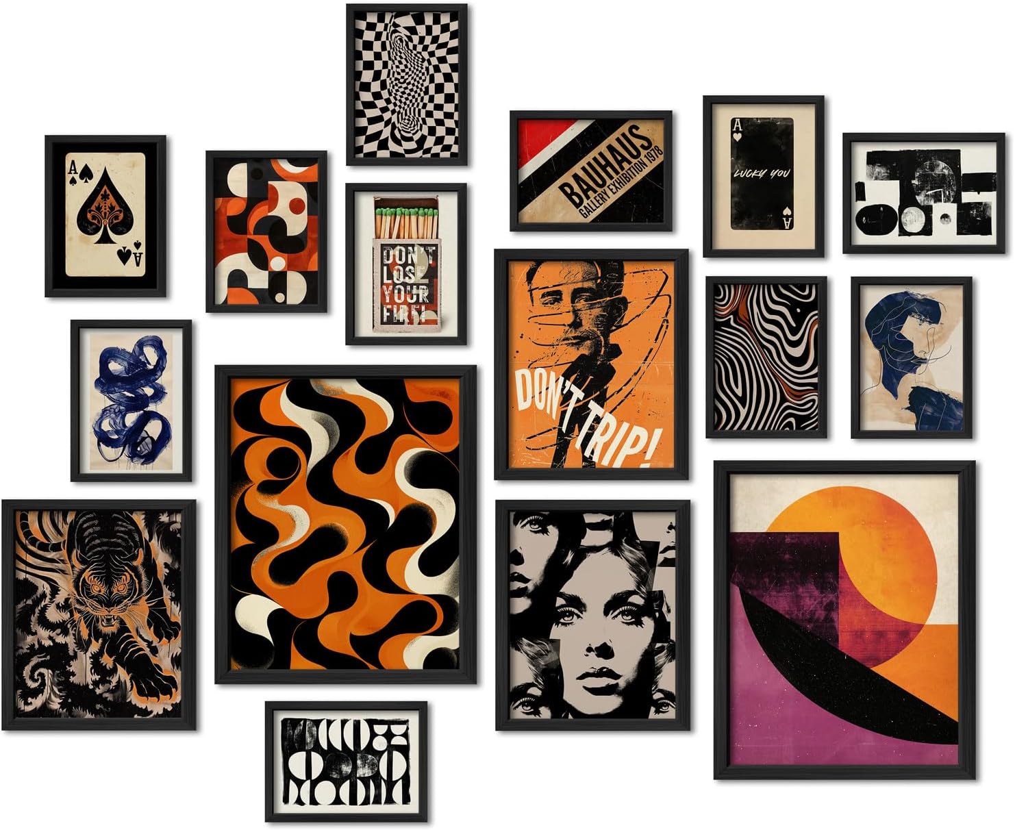 16 PCS Framed Retro 70s Wall Art Decor, Eclectic Vintage Wall Prints for Bedroom, Gallery Wall Frame Set, Abstract Posters for Living Room Aesthetic, Collage Kit, 60s 80s 90s Dorm Home Artwork