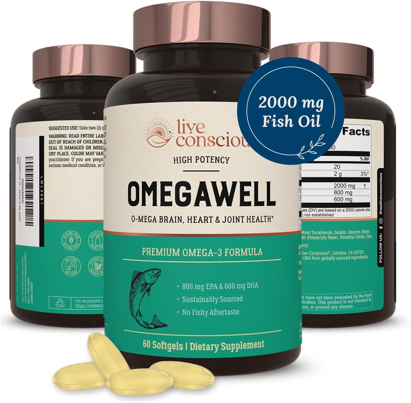 Live Conscious OmegaWell Omega 3 Fish Oil - 2000mg Capsules: Heart, Brain, & Joint Support - 800 mg EPA 600 mg DHA - Sustainably Sourced - Softgels - 30 Day Supply