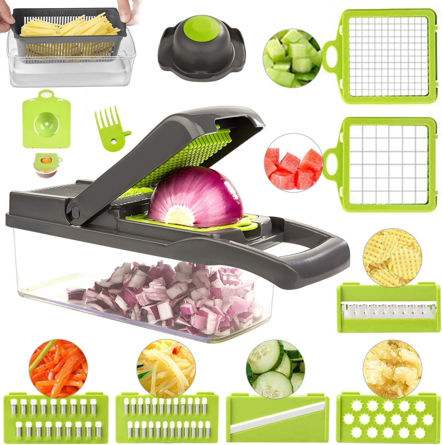 FUKTSYSM Vegetable Chopper - Multifunction Vegetable Chopper, 15 in 1 Mandoline Slicer Adjustable Vegetable Cutter, Vegetable Cutter with Julienne Grater Include Clean Brush and Hand Guard