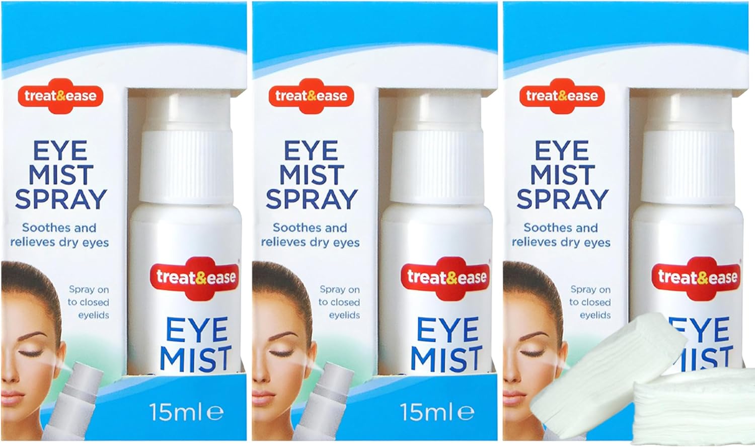 Eye Spray for Dry & Irritated Eyes - Pack of 3 | 20Pc Soft Cotton Pads | Instant Relief for Dry, Tired, Itchy Eyes | Refreshing & Soothing Mist | Long-Lasting Protection & Treatment