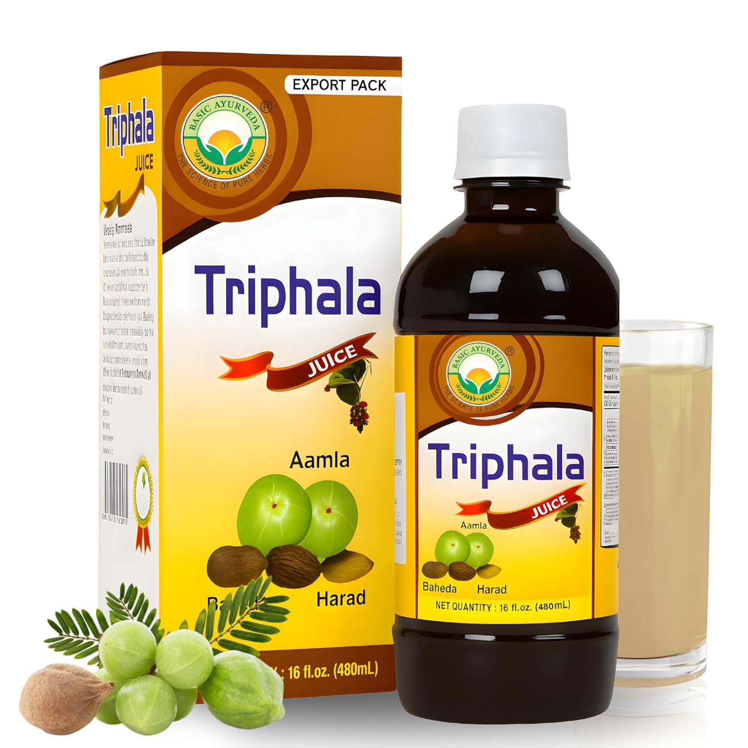 BASIC AYURVEDA Triphala Juice | 16.23 Fl Oz (480ml) | Organic Fruit Juice of Amla Bibhitaki & Haritaki | Natural Source of Vitamin C | for Healthy Hair & Digestion