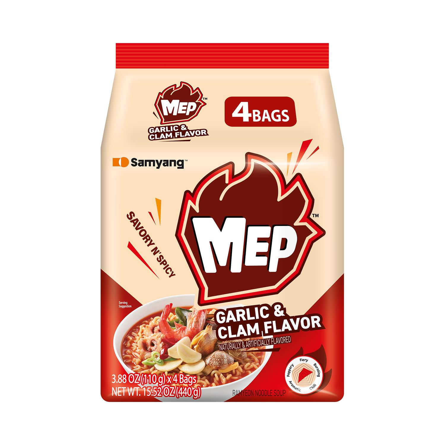 MEP Garlic and Clam Flavor, Instant Korean Ramen noodles, Spicy Ramyeon Noodle Soup [3.88 OZ (110g) x 4 Bags]