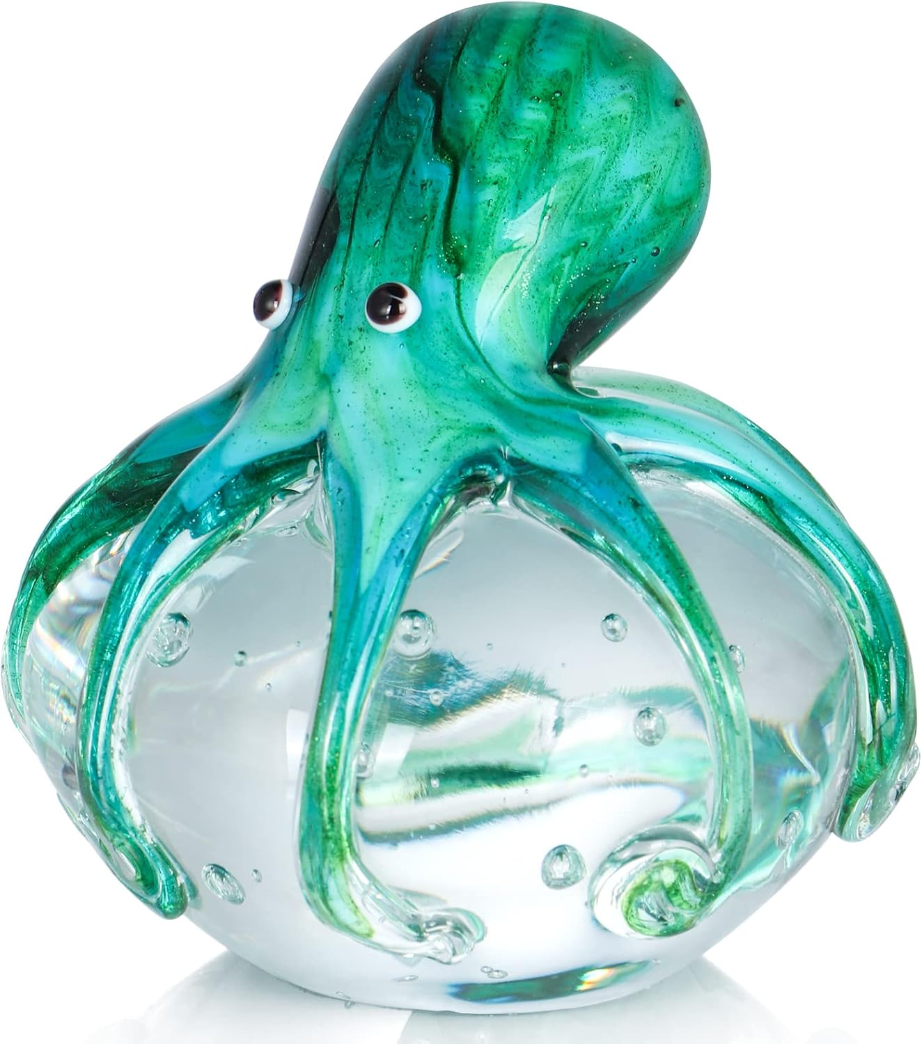 Hand Blown Glass Octopus Figurine, Cute Sea Animal Paperweight, Collectible Nautical Statue Decor for Home, Office, Party and Gift (Blue and Green)
