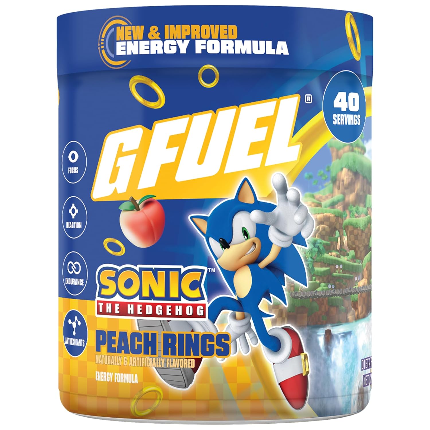 G Fuel Sonic 2.0 Energy Drink Powder, Pre Workout Caffeine Mix for Gaming, Sugar Free Focus Amino, Vitamin + Antioxidants, 9.8oz (Peach Ring Candy, 40 Servings)