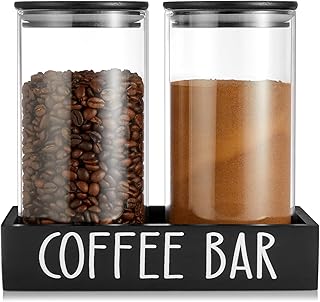 Glass Coffee Canister for Ground Coffee - 2Pcs 45oz Coffee and Sugar Container Set with Airtight Bamboo Lids and Black Tray - Farmhouse Coffee Bean Storage Jars for Coffee Bar Decor and Accessories