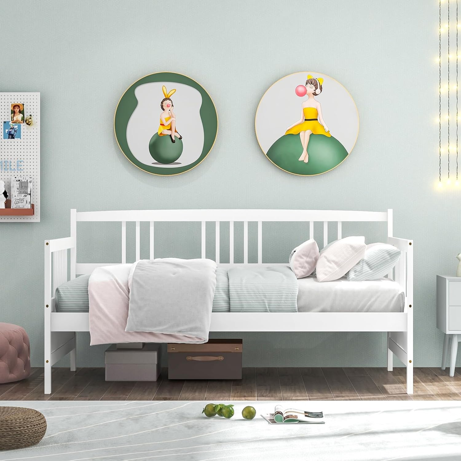 HOMGX Twin Daybed Frame, Sofa Bed with Wooden Slats Support & Rails, No Box Spring Needed, Dual-Use Day Bed Platform for Guest Room/Children Room, White