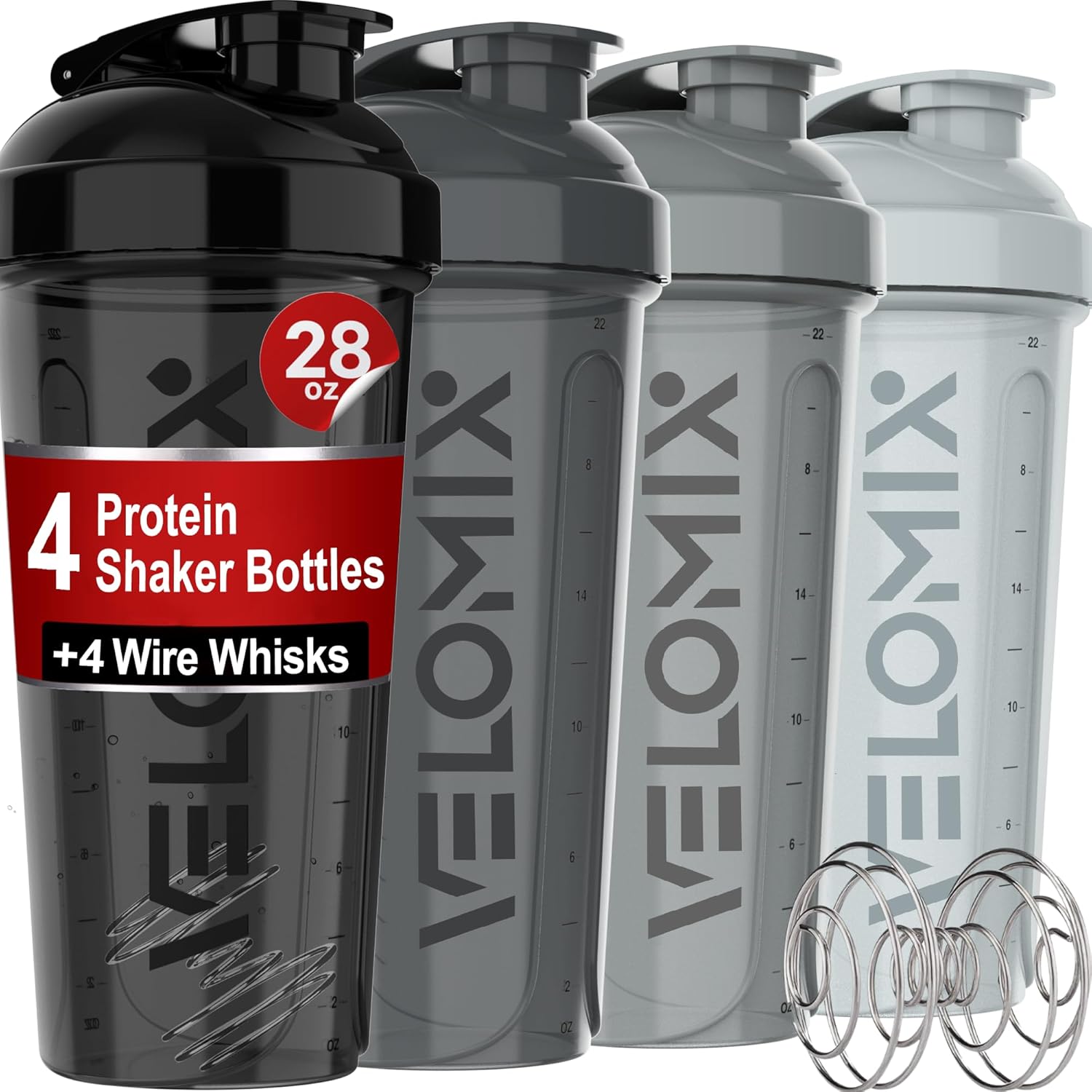 -4 PACK- 28 oz Protein Shaker Bottle for Protein Mixes - 4x Wire Whisk | Leak Proof Shaker Cups for Protein Shakes | Protein Shaker Bottle Pack | Protein Shake Cup
