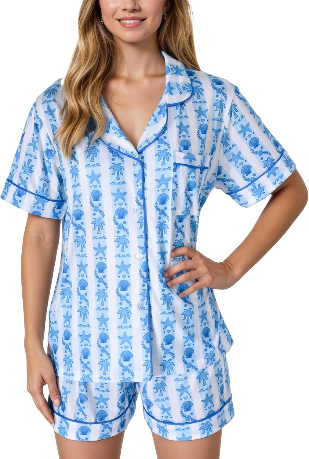 Pajamas for Womens Set Summer 2 Pece Pjs Matching Shorts Set Loungewear Palm Sleepwear for Beach Vacation, Holiday