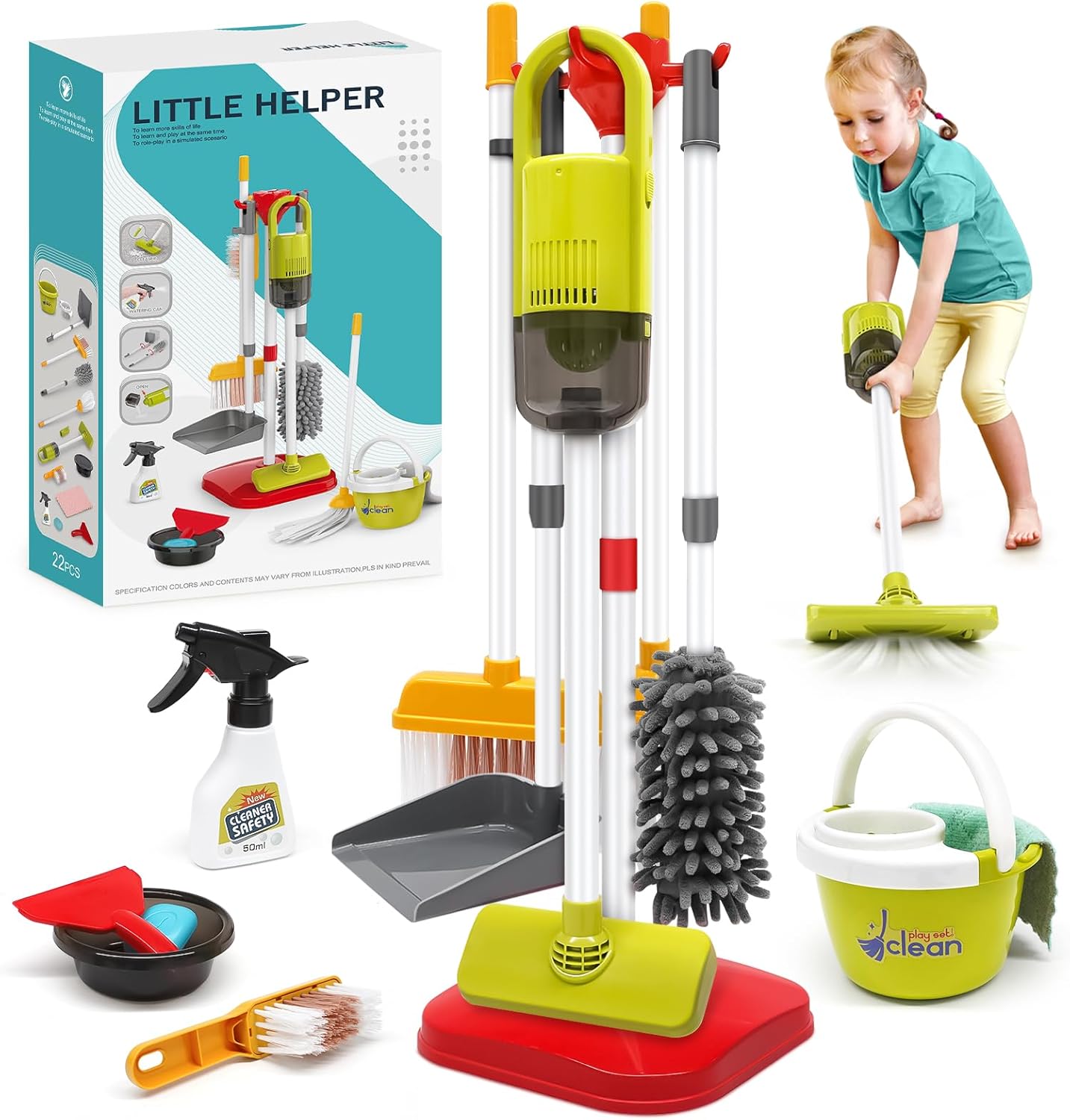 Dreamon Toddler Cleaning Set - 14Pcs Kids Cleaning Toy Set with 2-in-1 Kids Vacuum That Really Works, Pretend Home Cleaning Play Set for Toddler Age 3-7, Christmas Birthday Gift for Girls Boys