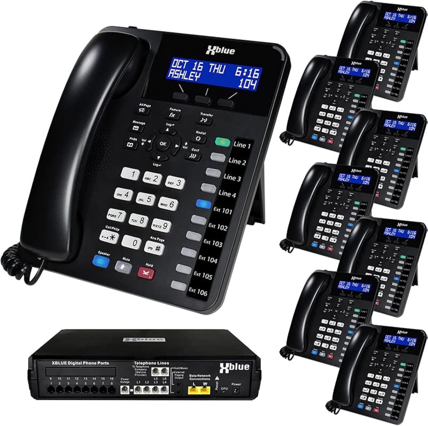 XBLUE X16 Plus Small Business Phone System Bundle with (8) XD10 Digital Phones - Capacity is (6) Outside Line & (16) Digital Phones - Includes Auto Attendant, Voicemail, Caller ID, Paging & Intercom