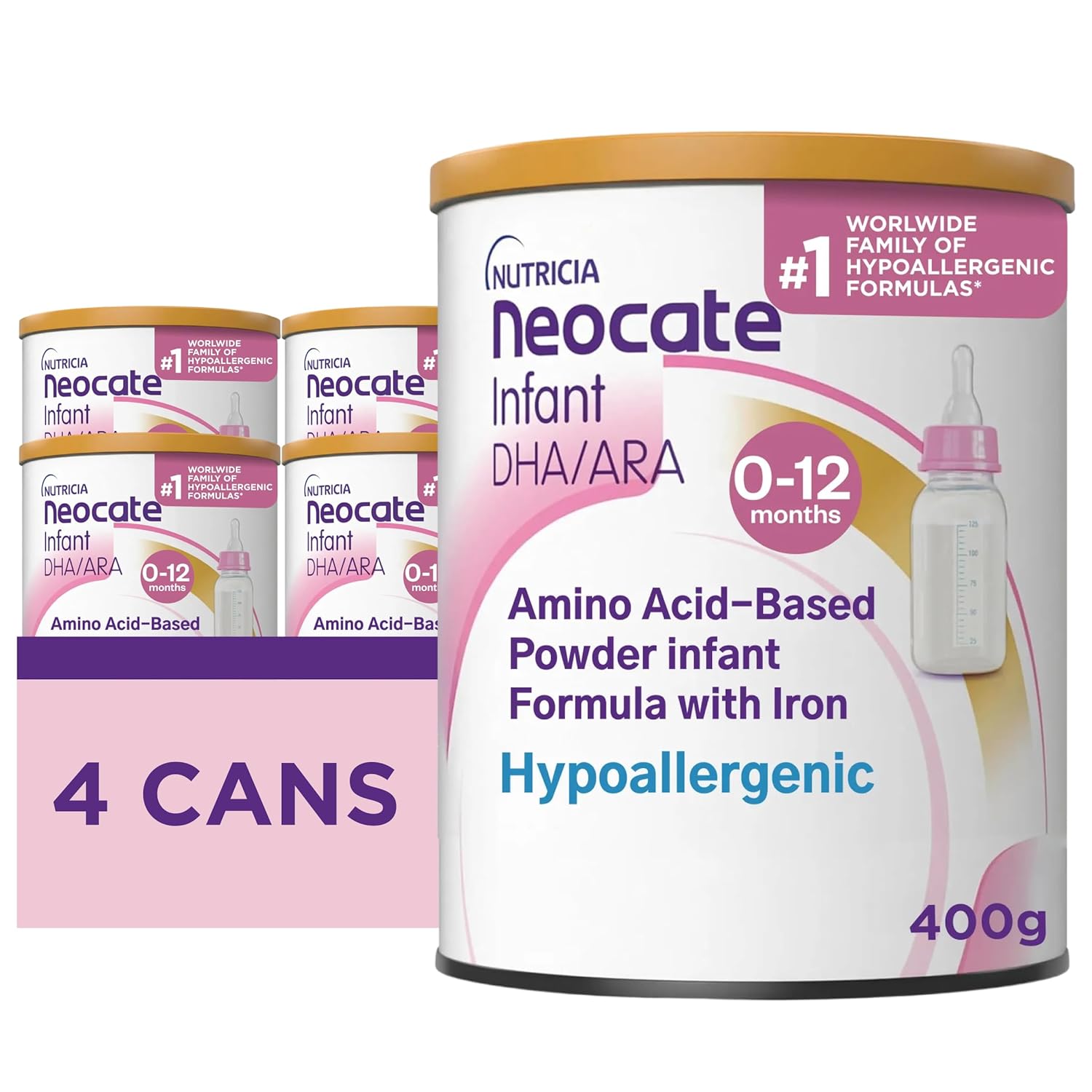 Nutricia Neocate Infant - Hypoallergenic, Amino Acid-Based Baby Formula - Well-Tolerated & Supports Normal Growth - Infant Formula with DHA, ARA & Iron - 14.1 oz can (Pack of 4)