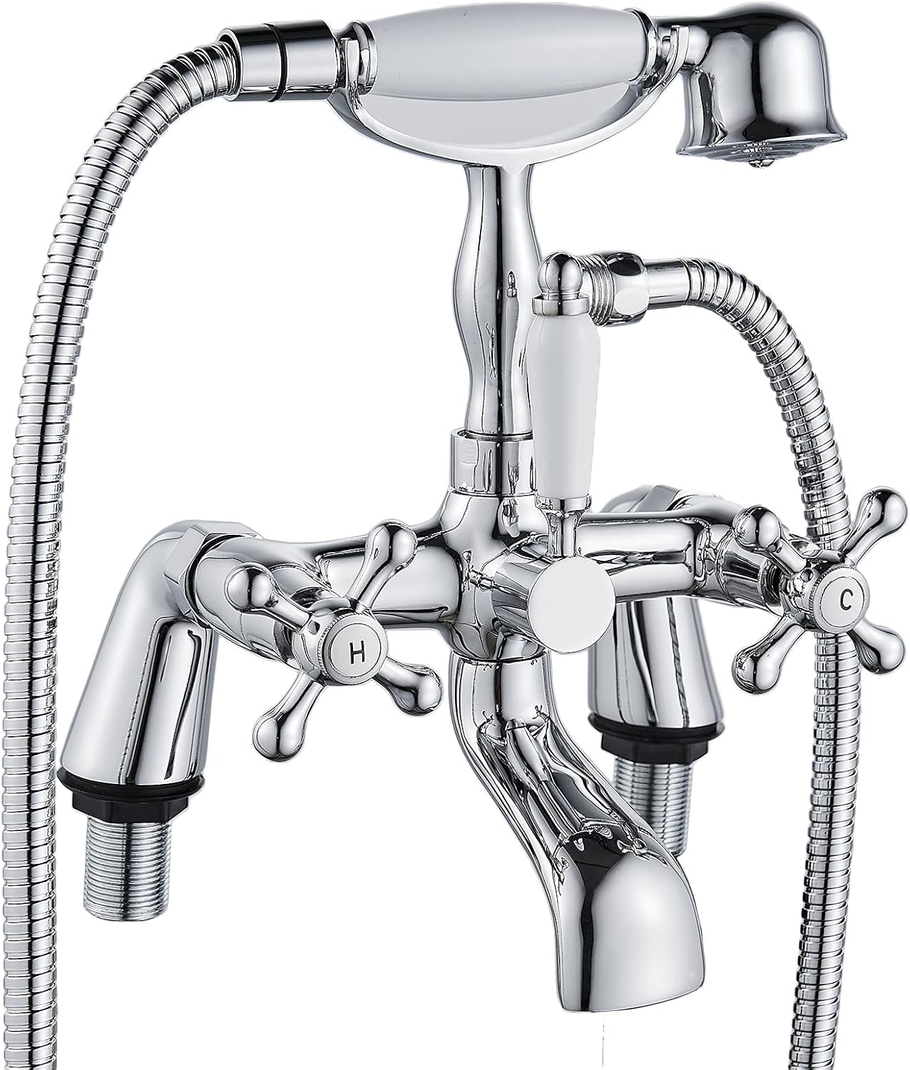 Victorian Bath Taps with Shower,Luckyhome Traditional 1/4 Turn Dual Lever Bathroom Tub Tap Mixer,Chrome