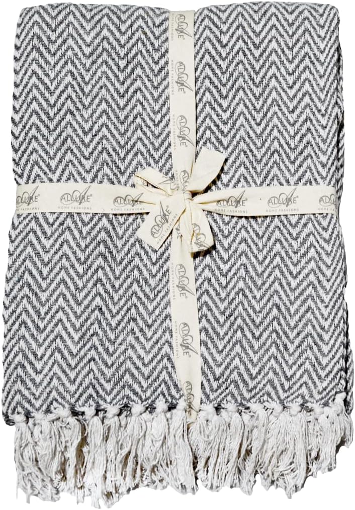 Allure Audley Herringbone Sofa Throw 100% Cotton – Ribbon Tied Breathable Chevron Throw Blanket for Couch, Bed, Travel, Gifting (Charcoal, 125 x 150cm)