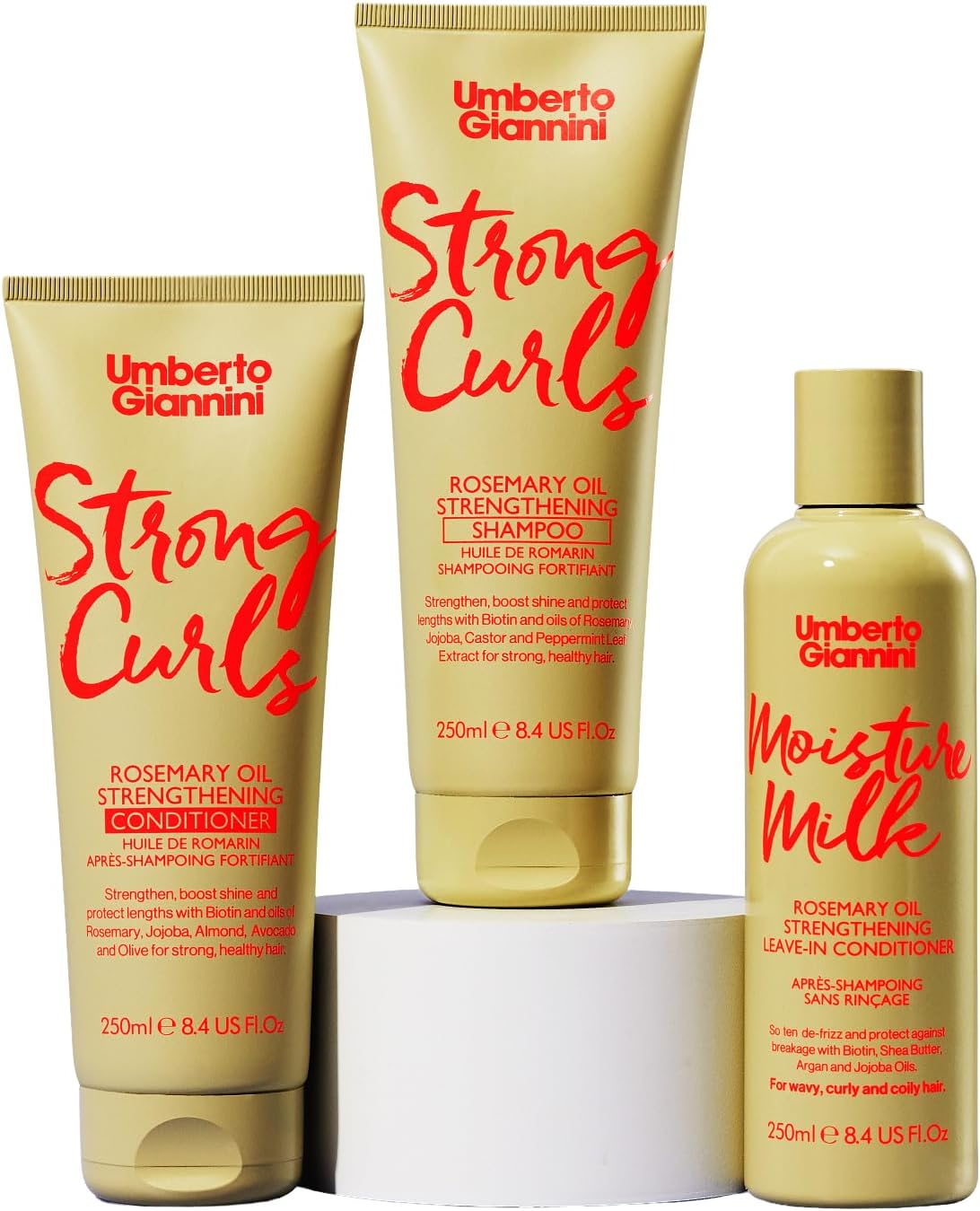 Umberto Giannini Curly Hair Routine Strong Curls Strengthen & Hydrate (3 Products) - Shampoo, Conditioner & Leave-In Conditioning Moisture Milk Treatment - Biotin - Sulphate Free + Vegan