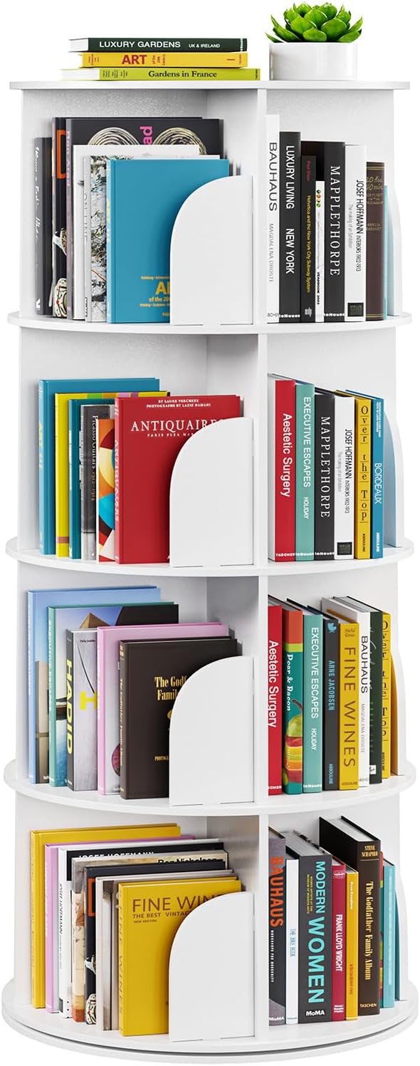 SpaceAid 4 Tier Rotating Bookshelf Tower, Spinning Bookcase Lazy Susan, Revolving 360 Book Shelf Storage Round Carousel, Vertical Rotate Turning Spiral Corner Organizer, White