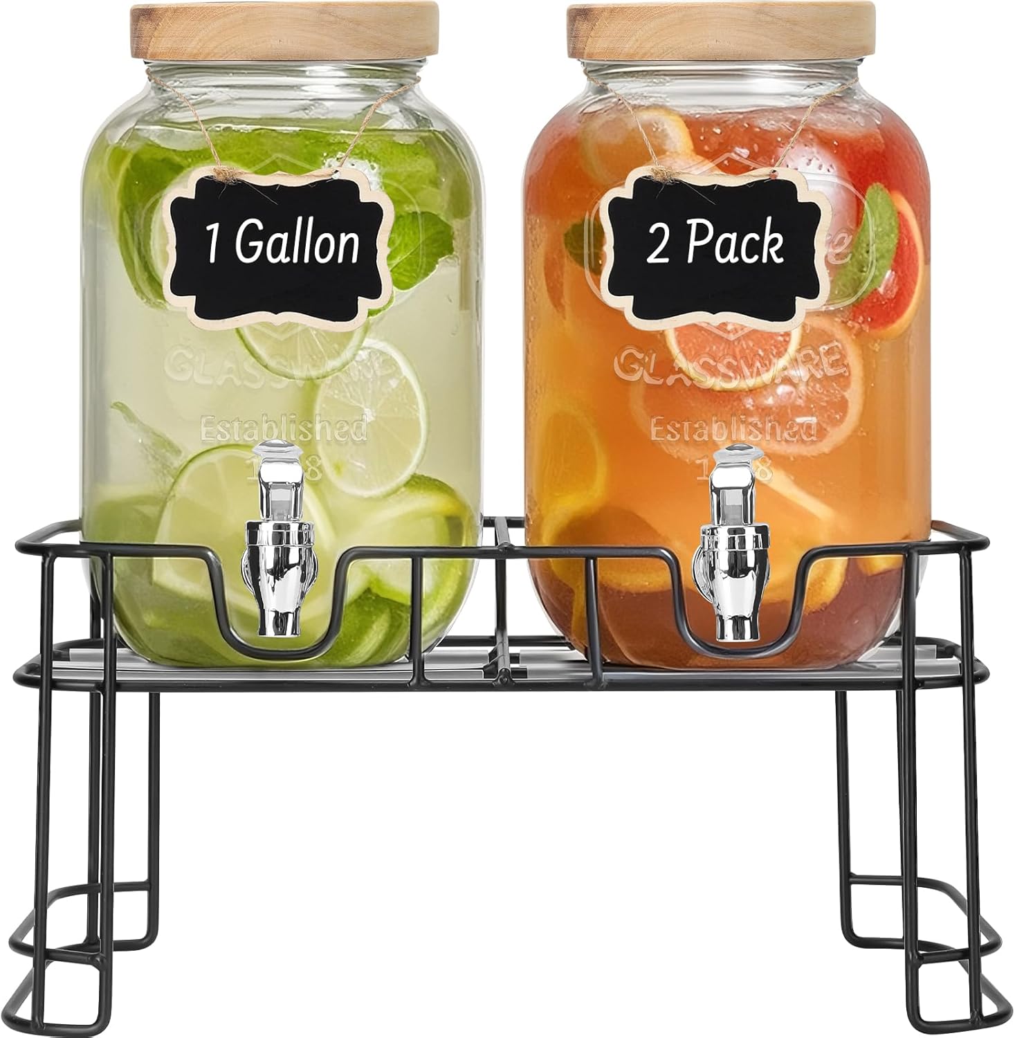 DHSBTLS 1 Gallon Glass Drink Dispensers, 2 Pack Clear Beverage Dispenser with Wood Lid for Party, BBQ and Picnic, Juice Dispenser with Black Stand, Spigot, Markers and Chalkboard