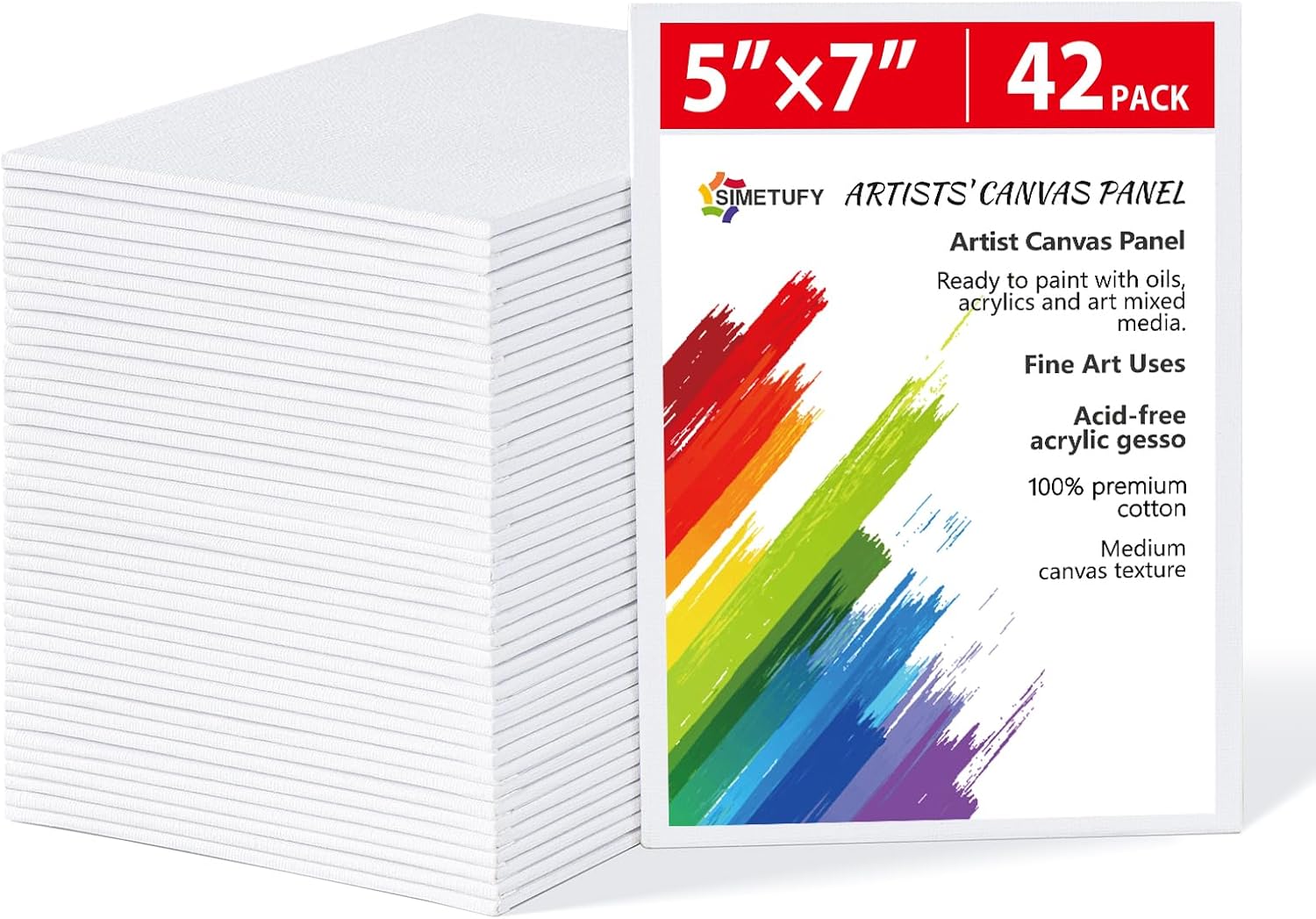 Simetufy 42 Pack 5x7 Inch Small Canvas Boards for Painting, 8oz Pre-Primed Flat Canvas Panels, Acid-Free 100% Cotton for Acrylics Oil Watercolor Paints