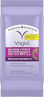 Vagisil Wipes, Anti-Itch Medicated Feminine Vaginal Wipes, Maximum Strength, Instant Relief, 20 Wipes (Pack of 1)