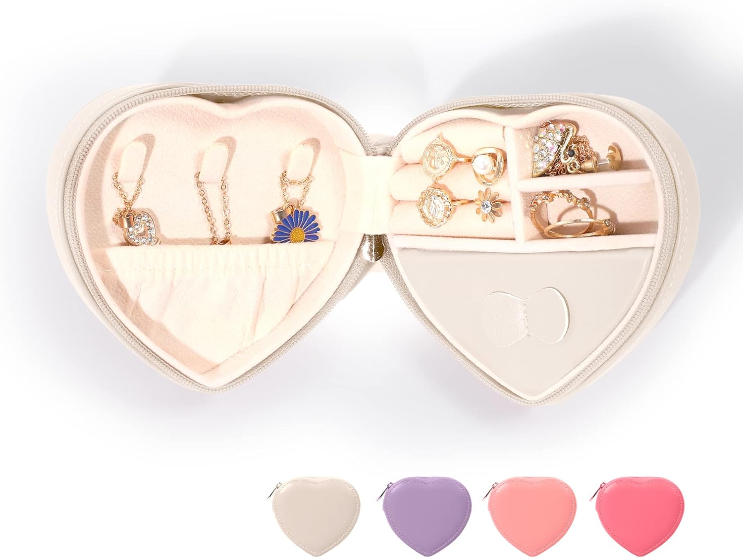 Dajasan Small Jewelry Box Travel Jewelry Case Portable Heart-shaped Leather Jewelry Box for Earrings Bracelets Rings Necklace (Beige)