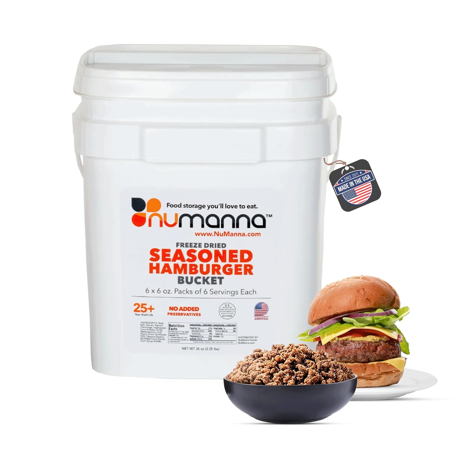 Numanna Freeze-Dried Seasoned Ground Beef Bucket 36 Servings | Over 25g Protein per Serving | Hamburger for Camping, Meal Prep, Pantry Staple, Emergency Survival Food | 25+ Year Shelf Life | USA Made
