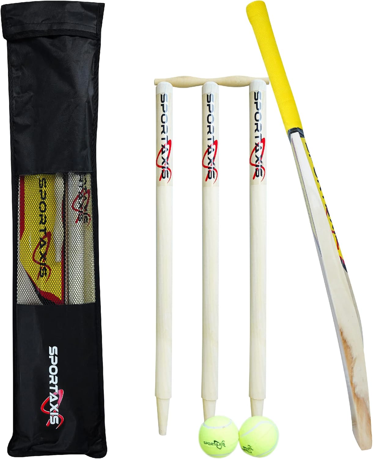 SPORTAXIS- Wooden Cricket Set- Contains Bat, 2 Light Tennis Balls, 3 Stumps, 2 Bails and Stylish Carry Bag- Perfect for Beach and Backyard Cricket for Kids.