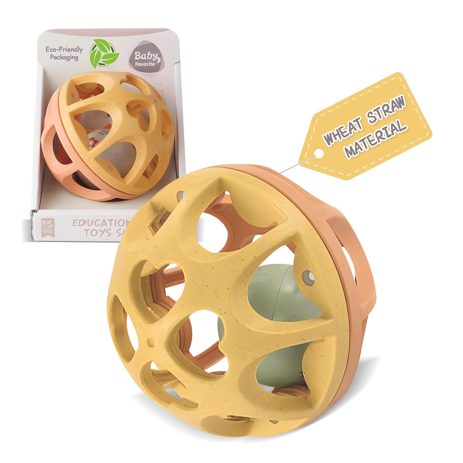 Sensory Rattle Balls Textured, Baby Teething Sensory Montessori Toys Soft Chew Toy with Rattles for Babies, Safe Wheat Straw Travle Toys, Developmental Newborn Baby Toys 6 to 12 Months