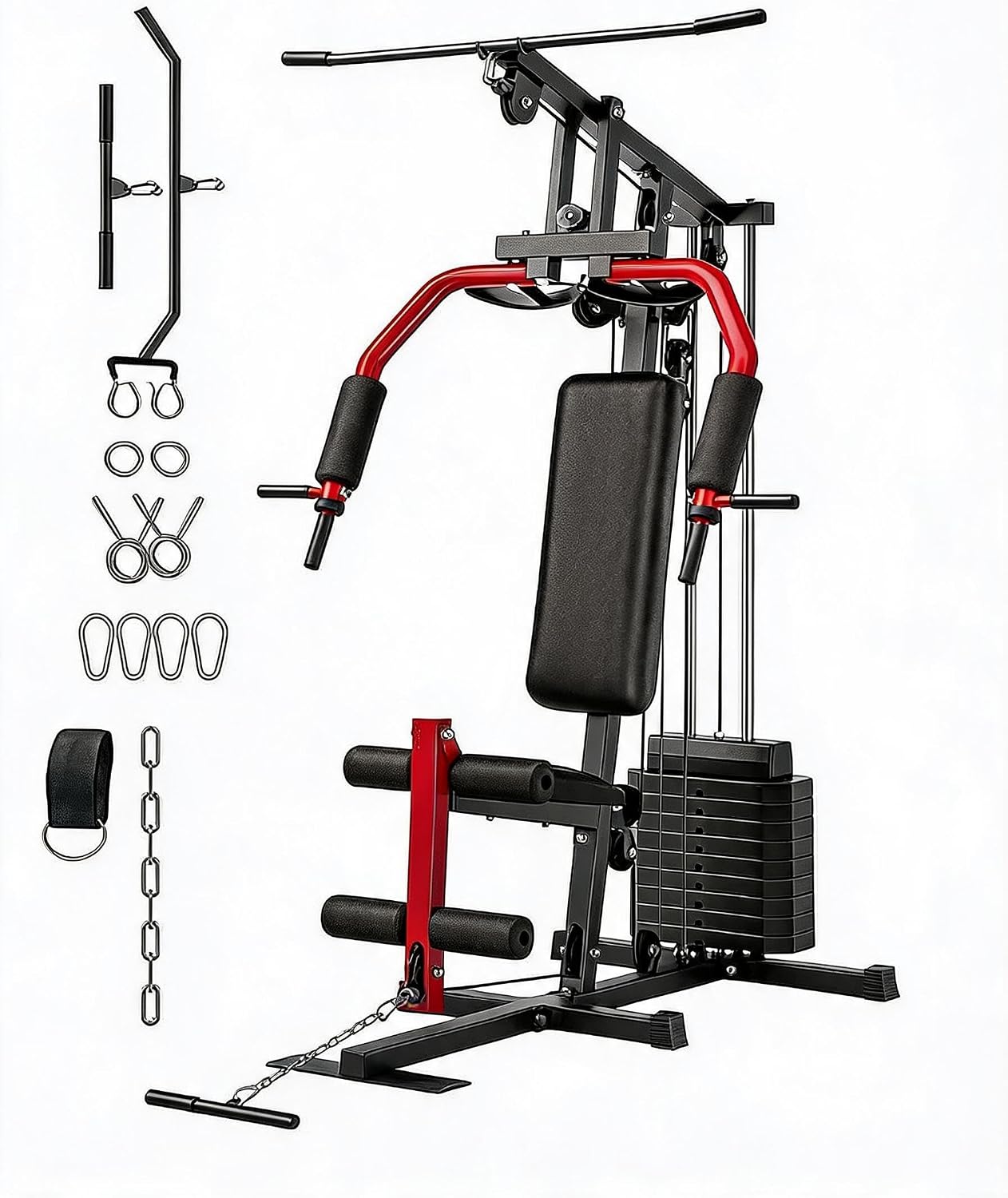 Home Gym Equipment, Multifunctional Workout Station with 100LBS Weight Stack, Home Gym Machine for Full Body Traning with LAT Pulldown System