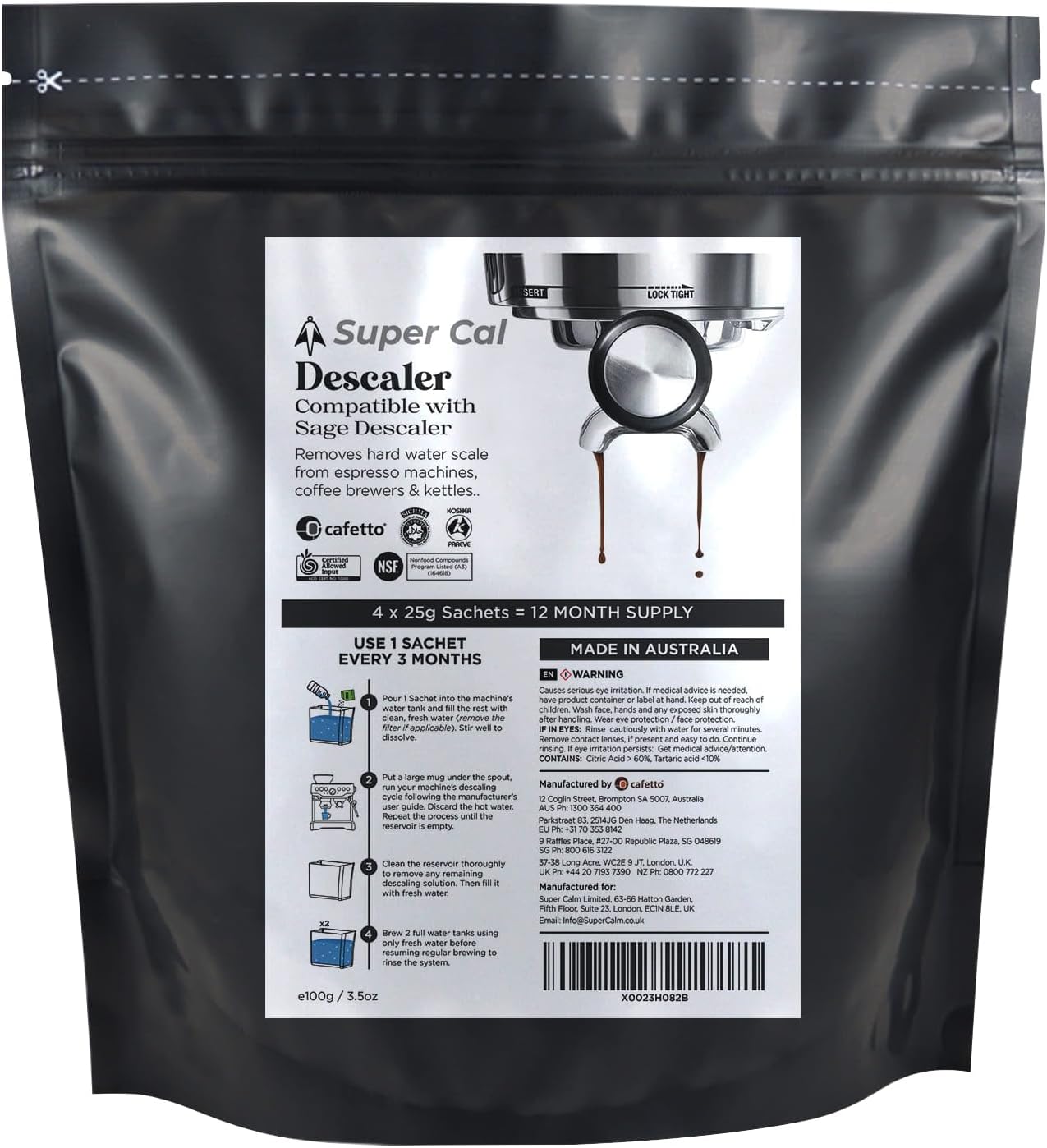 Super Cal Descaler - 4x25g Sachets (12mth Supply) by Cafetto who make Sage Descaler for Coffee Machines & Kettles | Made in Australia - a Super Premium coffee machine descaler