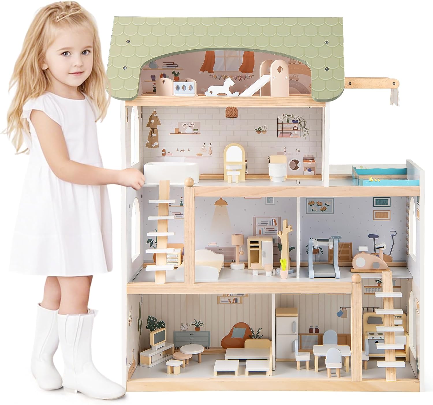 Costzon Wooden Dollhouse, Kids DIY Pretend Playhouse w/ 33 PCS Furniture Accessories, Modern Family Play House Toy w/Balcony, Pool for Girls & Boys Ages 3+ Years Old