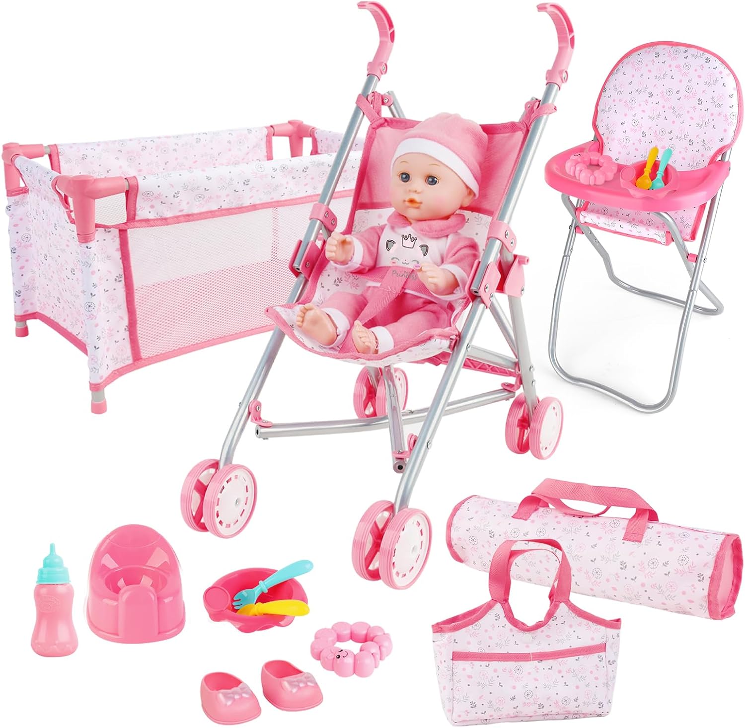 deAO Baby Doll Stroller Crib Bed Nursery Role Play Set Baby Doll Accessories and Play Mat,Travel Cot,Bouncer,Foldable Stroller and Travel Bag Birthday for Girls Boys Kids