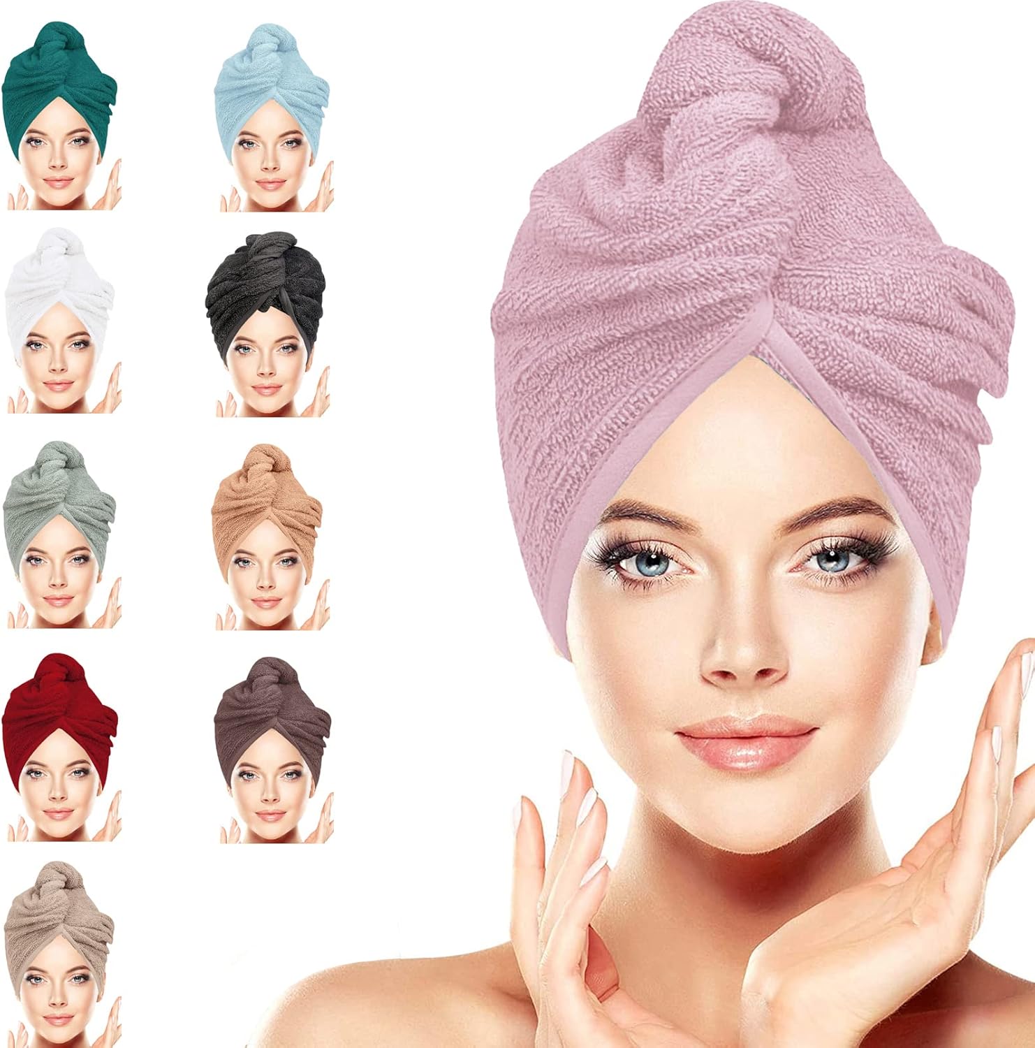 LUXURY Hair Towel Wrap 100% Cotton, Instant Drying Lightweight Turban Cap Super Quick Absorbent Anti-Frizz Twist Toweling Dry Hat with Button Loop for Long Curly Hairs, 62CM x 23CM Pink Single