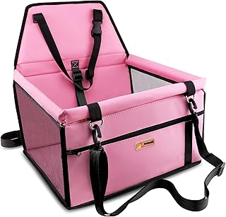 Petbobi Pet Reinforce Car Booster Seat for Dog Cat Portable and Breathable Bag with Seat Belt Dog Carrier Safety Stable for Travel Look Out,with Clip on Leash with PVC Tube, Pink