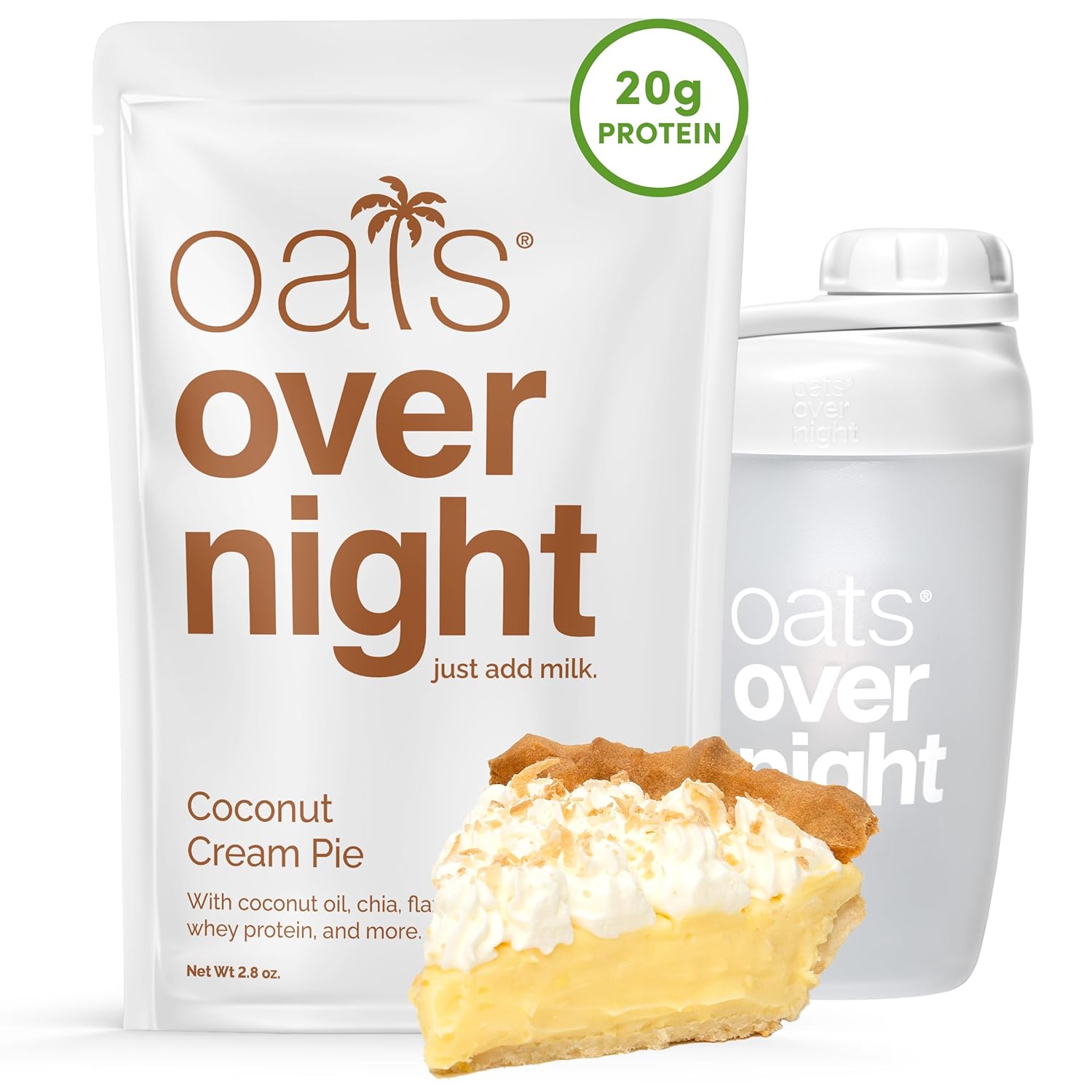 Oats Overnight Coconut Cream Pie - Overnight Oats with 20g Whey Protein, High Fiber Breakfast Protein Shake - Gluten Free Oatmeal, Non GMO High Protein Oatmeal (2.8 oz per Meal) (8 Pack + Bottle)