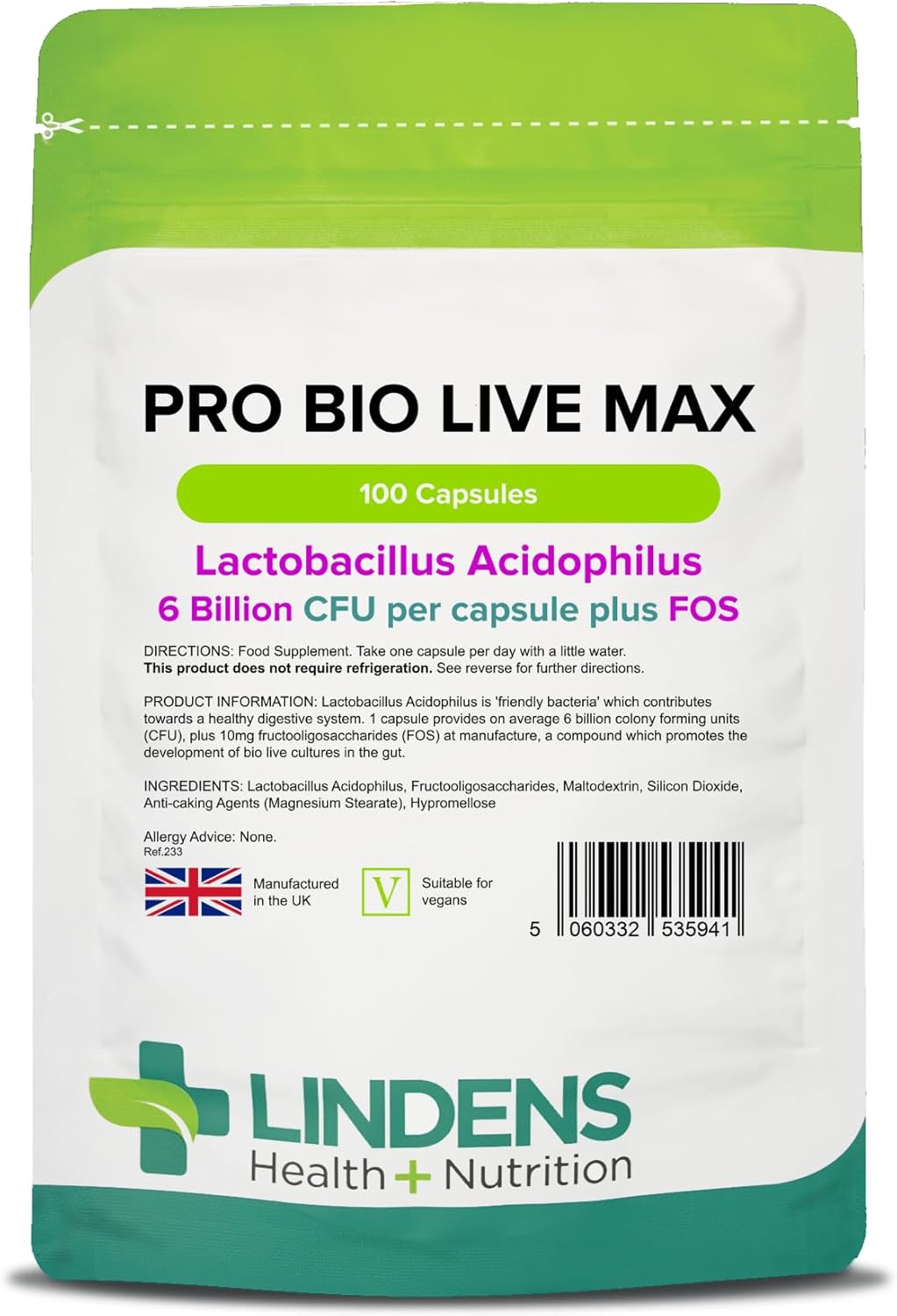 Lindens - Pro Bio Live Max 6 Billion CFU Capsules - 100 Pack - UK Made - Contributes to a Healthy Gut and Supports Digestion - Probiotic Vegetarian Capsules - Letterbox Friendly, Vegan