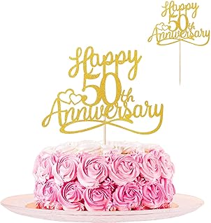 Gold Glitter Happy 50th Anniversary Cake Toppers Picks Golden Party Decorations Supplies Cake Toppers Frosting Card Icing Decor Pantry Staple Cooking Baking