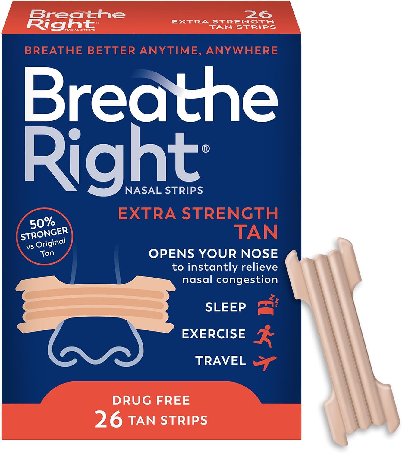 Breathe Right Nasal Strips, Relieves Nasal Congestion, Extra Strength, Tan