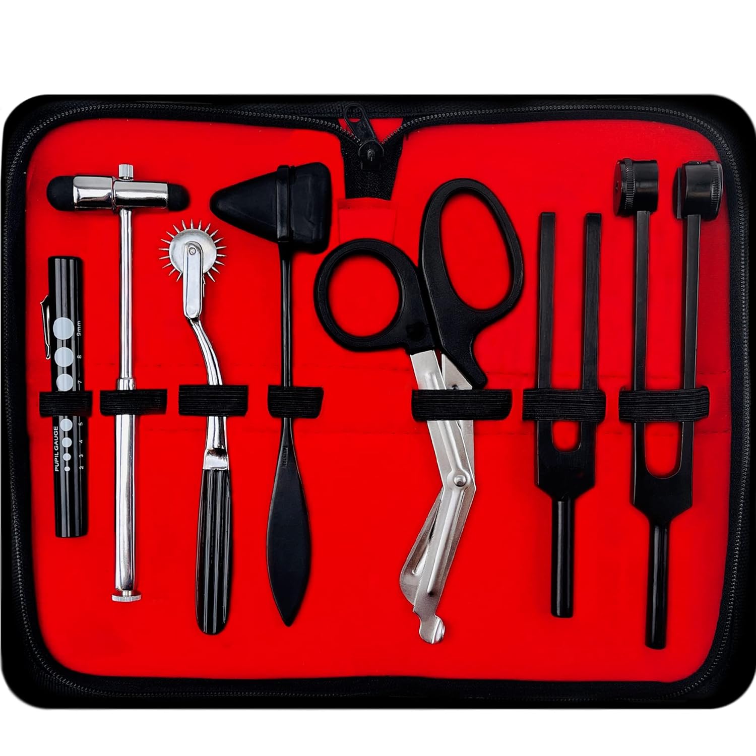 Diagnostics Kit - Percussion Taylor Reflex Hammer + C 128 & C 512 Tuning Forks + Bandage Scissors + Pupil Gauge Pen Light + Buck Hammer + Pin Wheel in Carrying Case - 8 Pieces Set - Full Black
