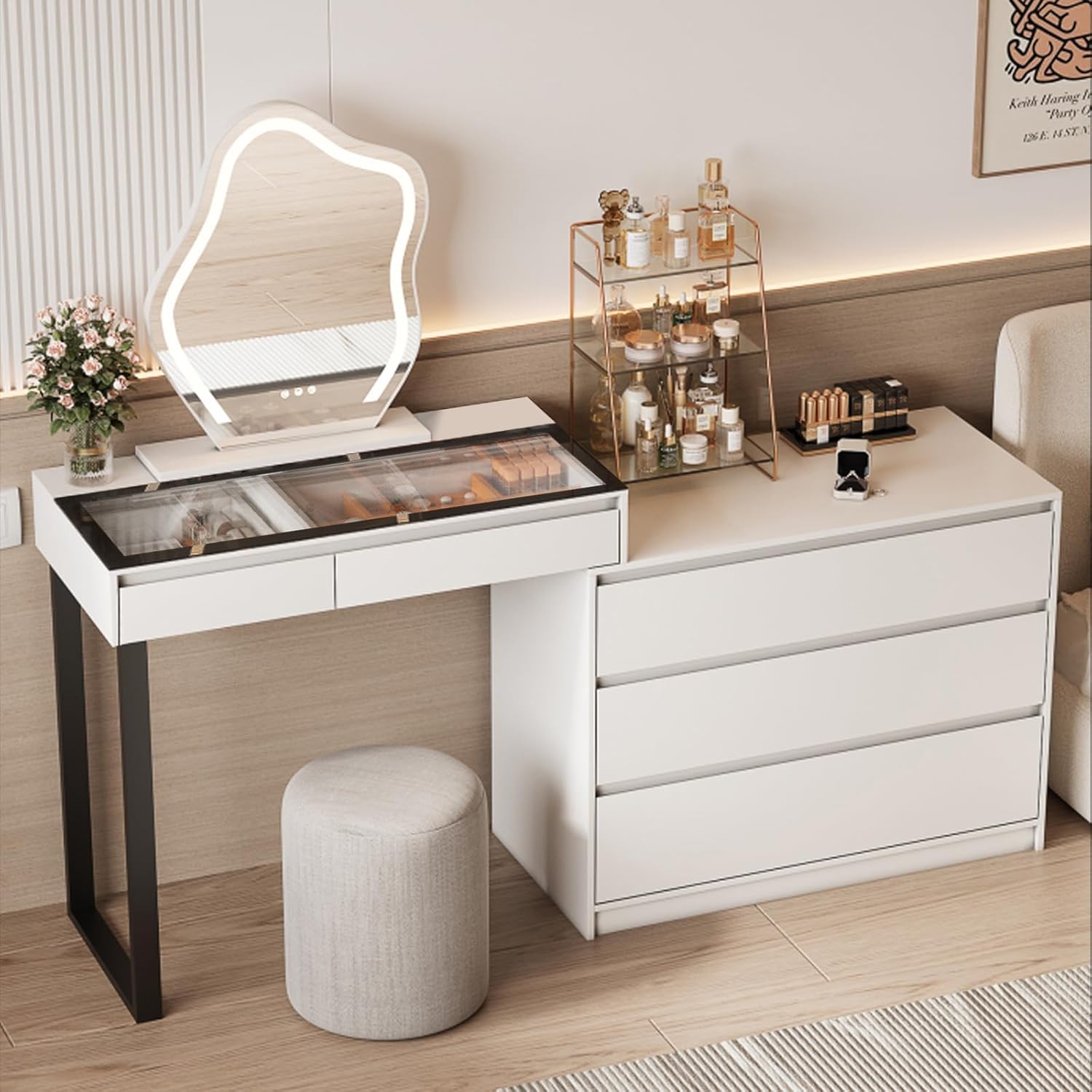 Vanity Dressing Tables with LED Mirror, Vanity Table Makeup Desk with Glass Top, Storage Cabinet, 5-Drawers Makeup Organiser, Modern L-Shaped Dresser for Bedroom