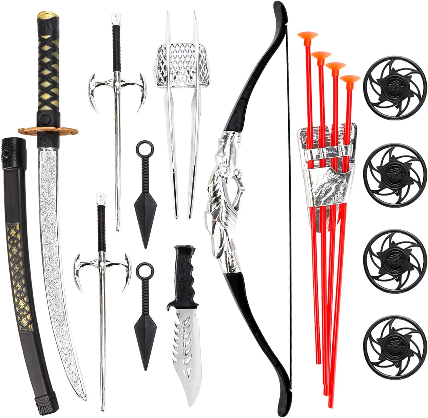 Liberty Imports Ninja Warrior Bow and Arrow Archery Set with Katana Sword, Sai, Melee Toy Weapons for Kids Pretend Role Play Equipment, Cosplay, Costume Accessories