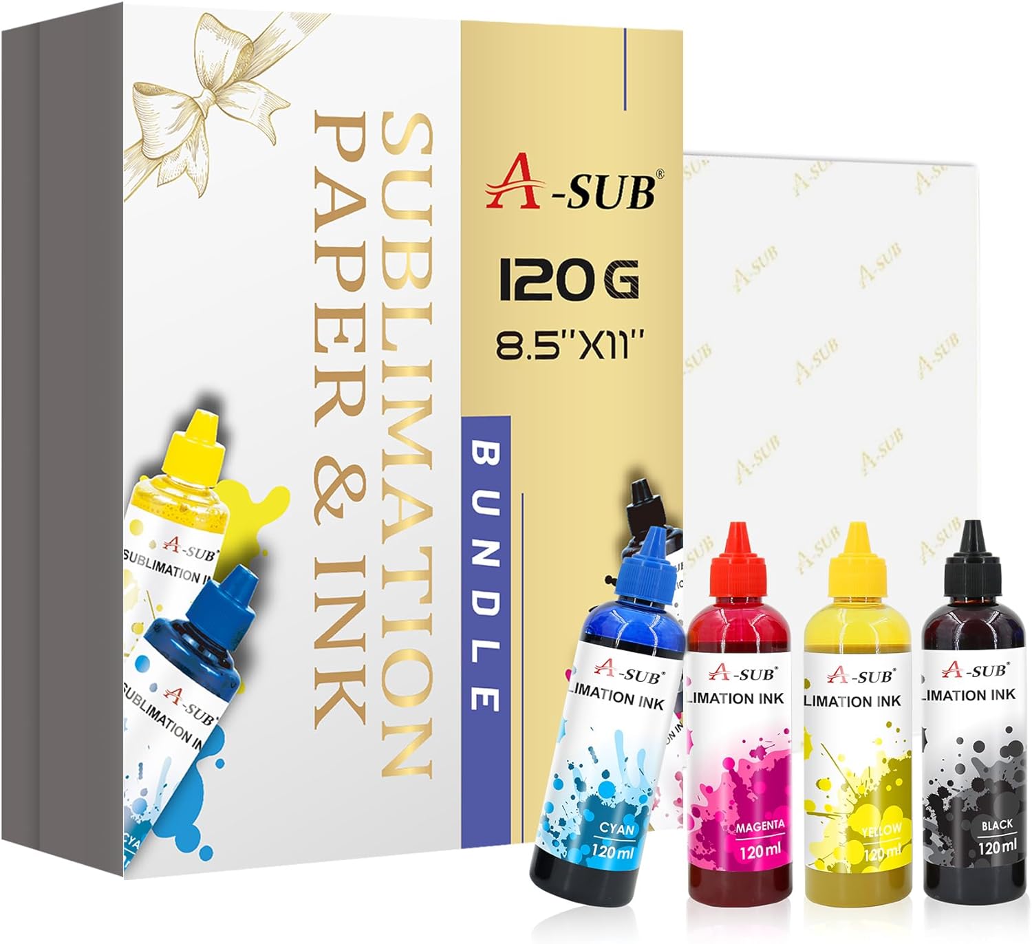 A-SUB Sublimation Starter Kit with 8.5X11 Inch Sublimation Paper and 480ML CMYK Sublimation Ink Bundle Kit for Heat Transfer on Tumblers, T-shirt, Mugs, etc