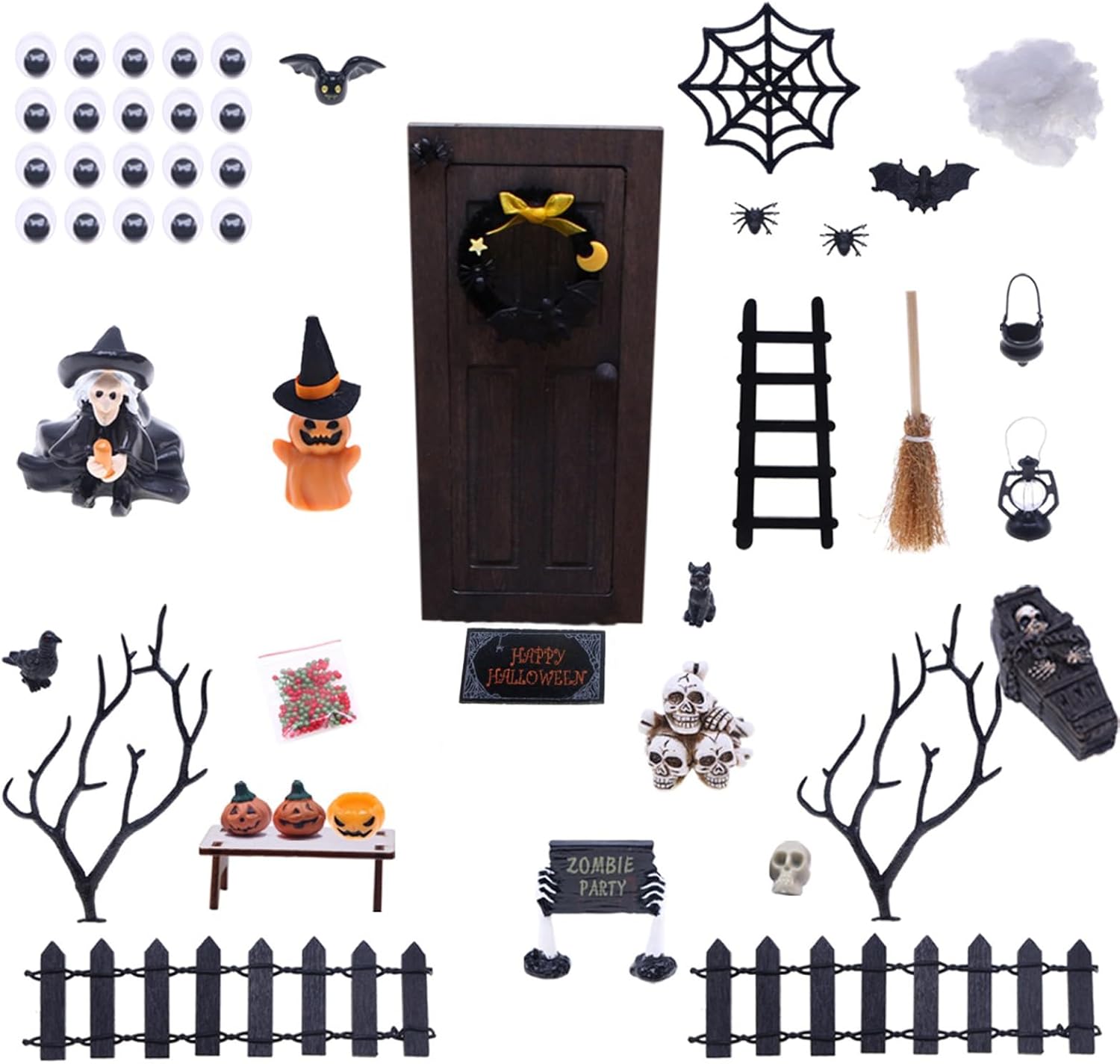 Satiskid Halloween Dollhouse Kit, Door, Witch, Pumpkin, Skeleton, Cobweb, Coffin, Bat Miniature Figures, Halloween Mini Fairy Garden Decorations, Dollhouse Horror Decoration Set